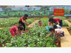 Kindergarten kids grow clean vegetables