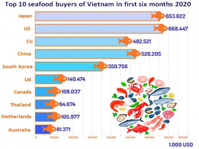 Top ten destinations of Vietnamese seafood in the first half of 2020